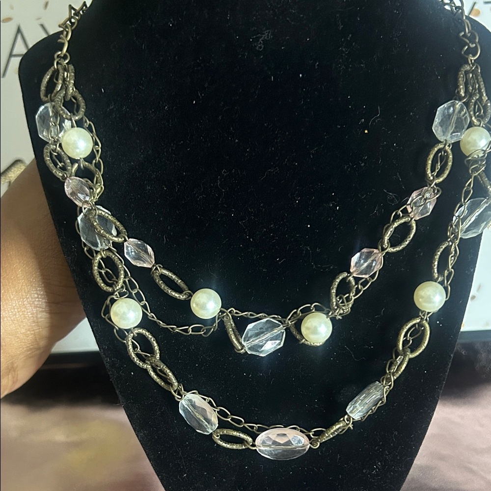 Elegant Multi-Chain Necklace with Pearls and Crystals #78015purp